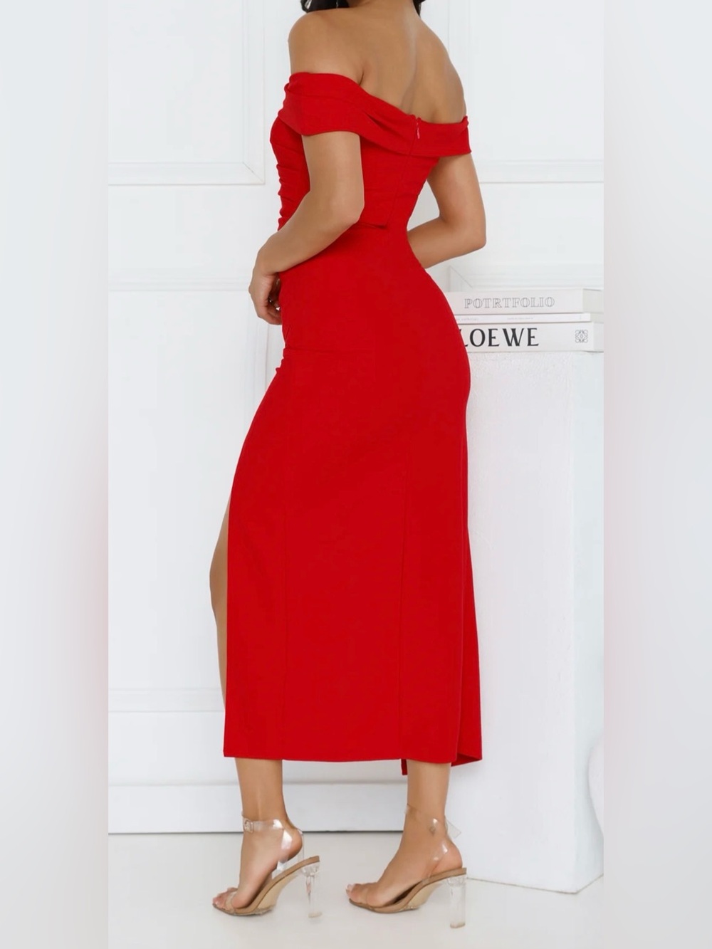 HELLO MOLLY Red Isolde Off Shoulder Ruched Slit Maxi Dress - Picture 2 of 7